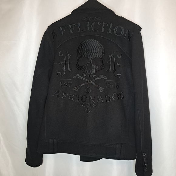Affliction Vintage Black Pea Coat Punk Goth Men's Large Just PU From Dry Cleaner - Picture 2 of 16
